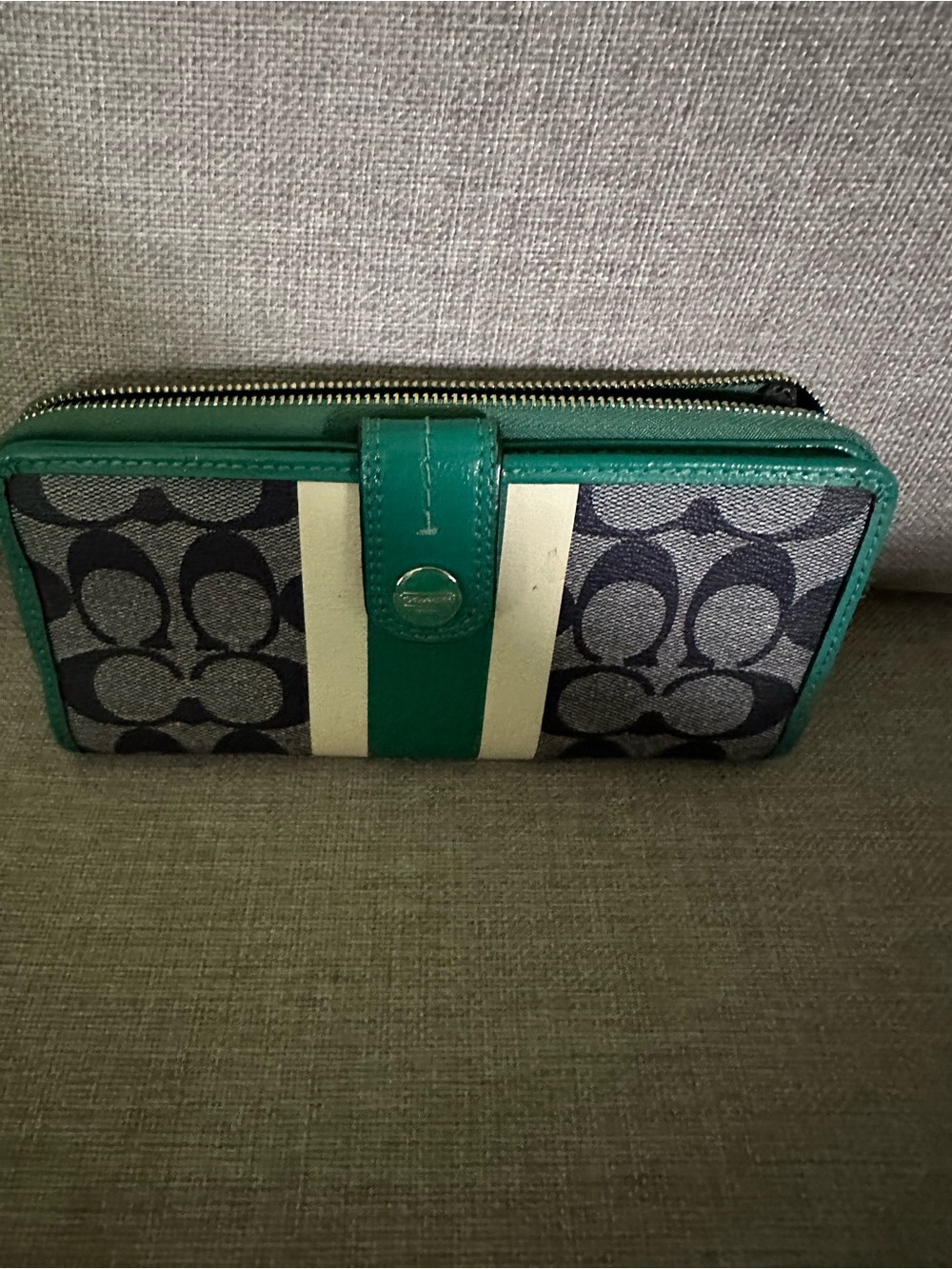 Coach Green and Ivory Signature Stripe Zip Wallet